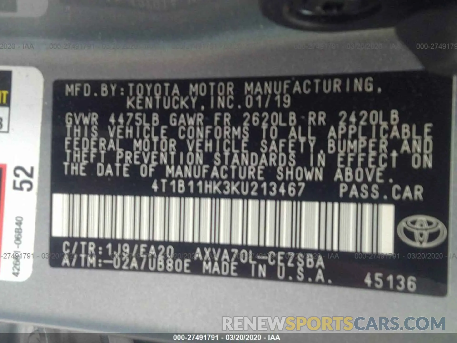 9 Photograph of a damaged car 4T1B11HK3KU213467 TOYOTA CAMRY 2019