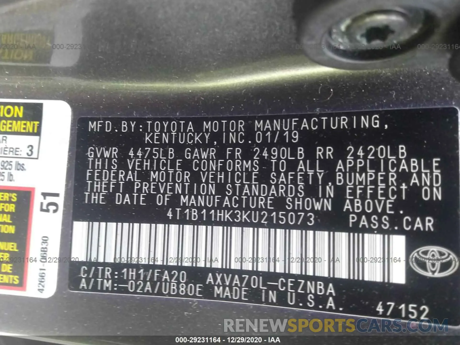 9 Photograph of a damaged car 4T1B11HK3KU215073 TOYOTA CAMRY 2019