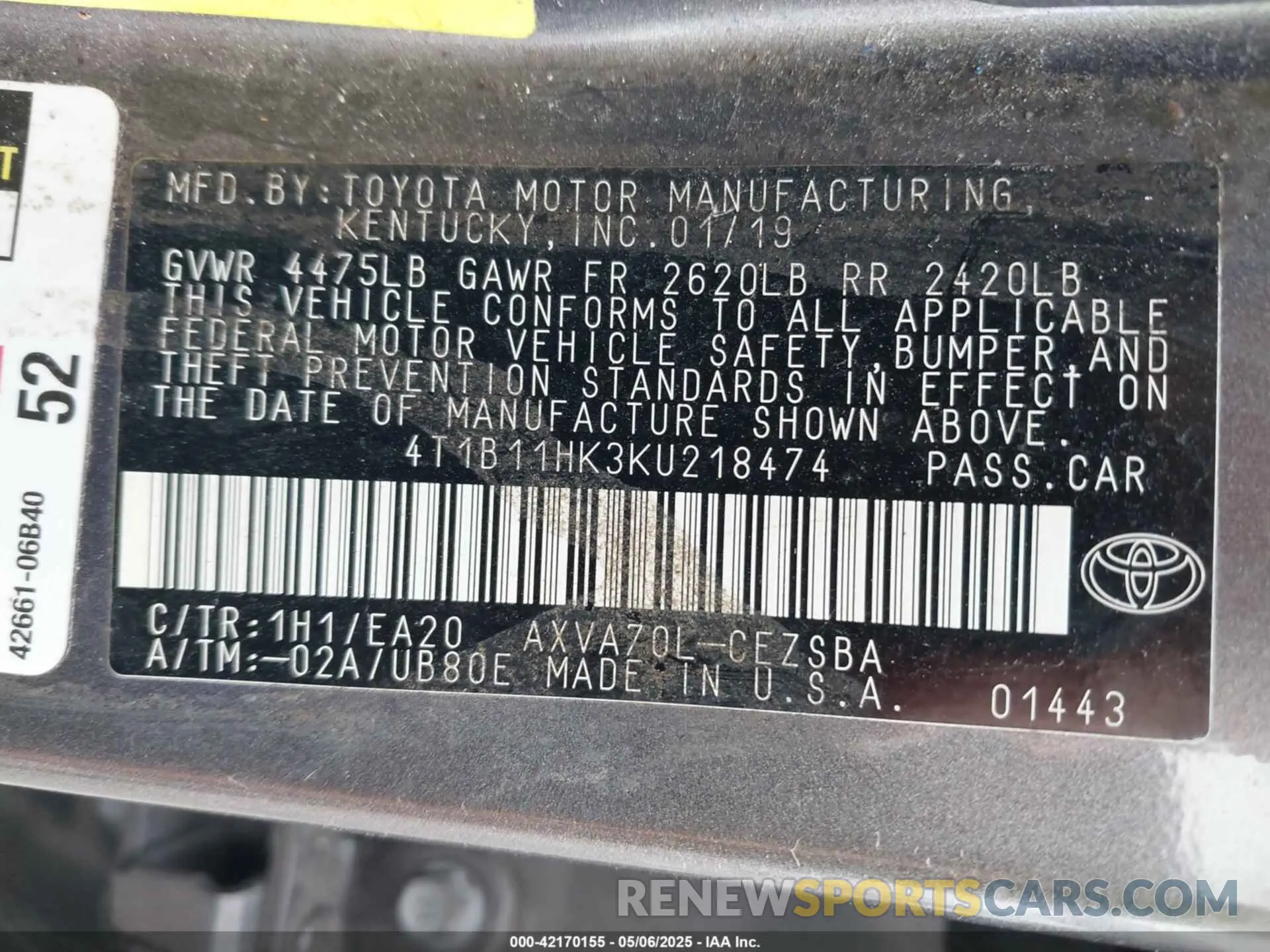 9 Фотография поврежденного автомобиля 4T1B11HK3KU218474 TOYOTA CAMRY 2019