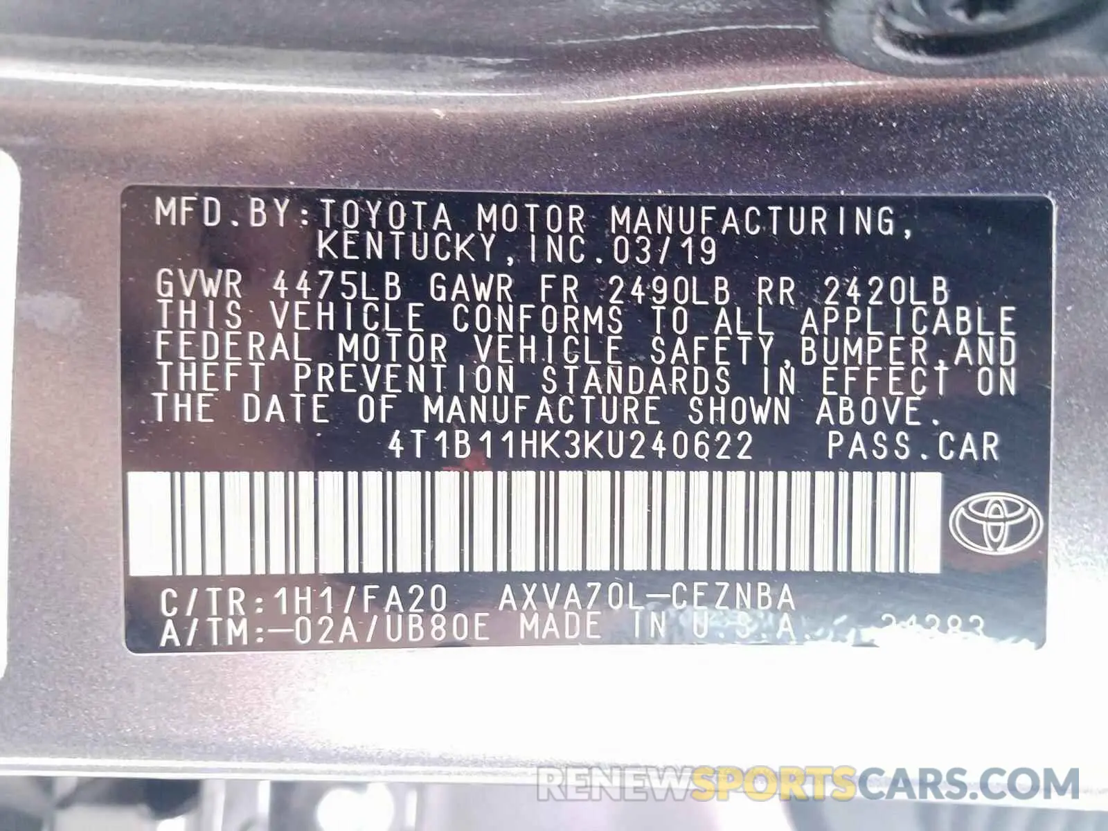 10 Photograph of a damaged car 4T1B11HK3KU240622 TOYOTA CAMRY 2019