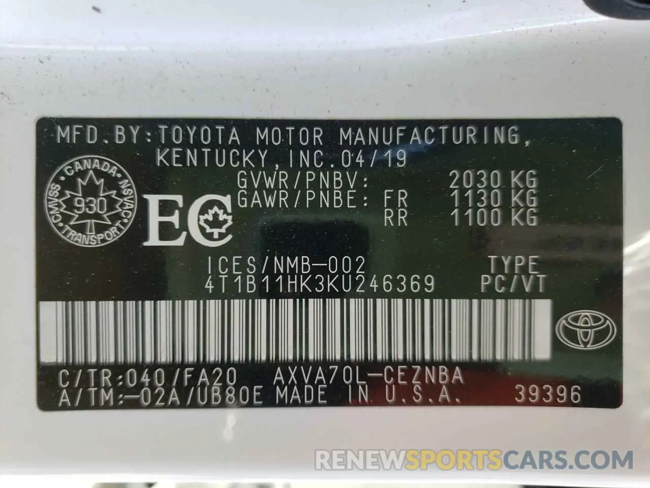10 Photograph of a damaged car 4T1B11HK3KU246369 TOYOTA CAMRY 2019