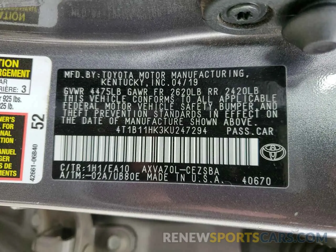 12 Photograph of a damaged car 4T1B11HK3KU247294 TOYOTA CAMRY 2019
