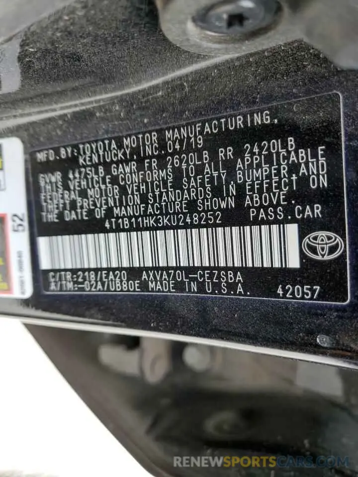 12 Photograph of a damaged car 4T1B11HK3KU248252 TOYOTA CAMRY 2019