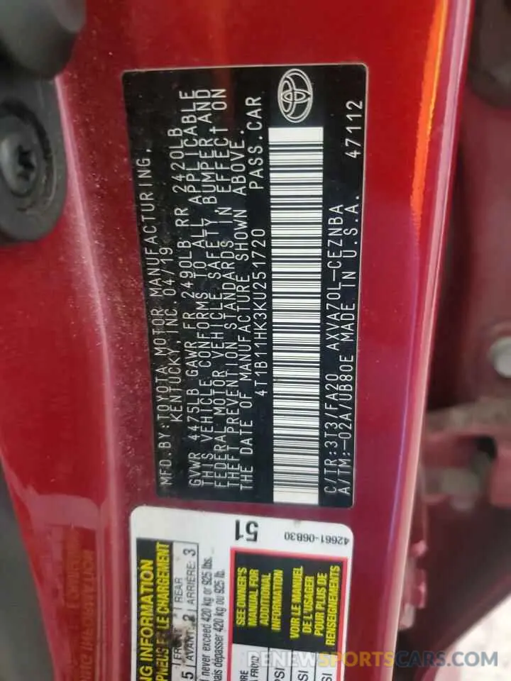 12 Фотография поврежденного автомобиля 4T1B11HK3KU251720 TOYOTA CAMRY 2019