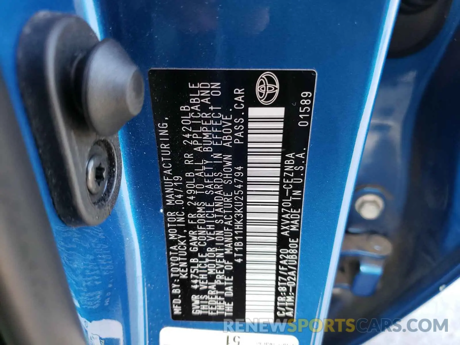 10 Photograph of a damaged car 4T1B11HK3KU254794 TOYOTA CAMRY 2019