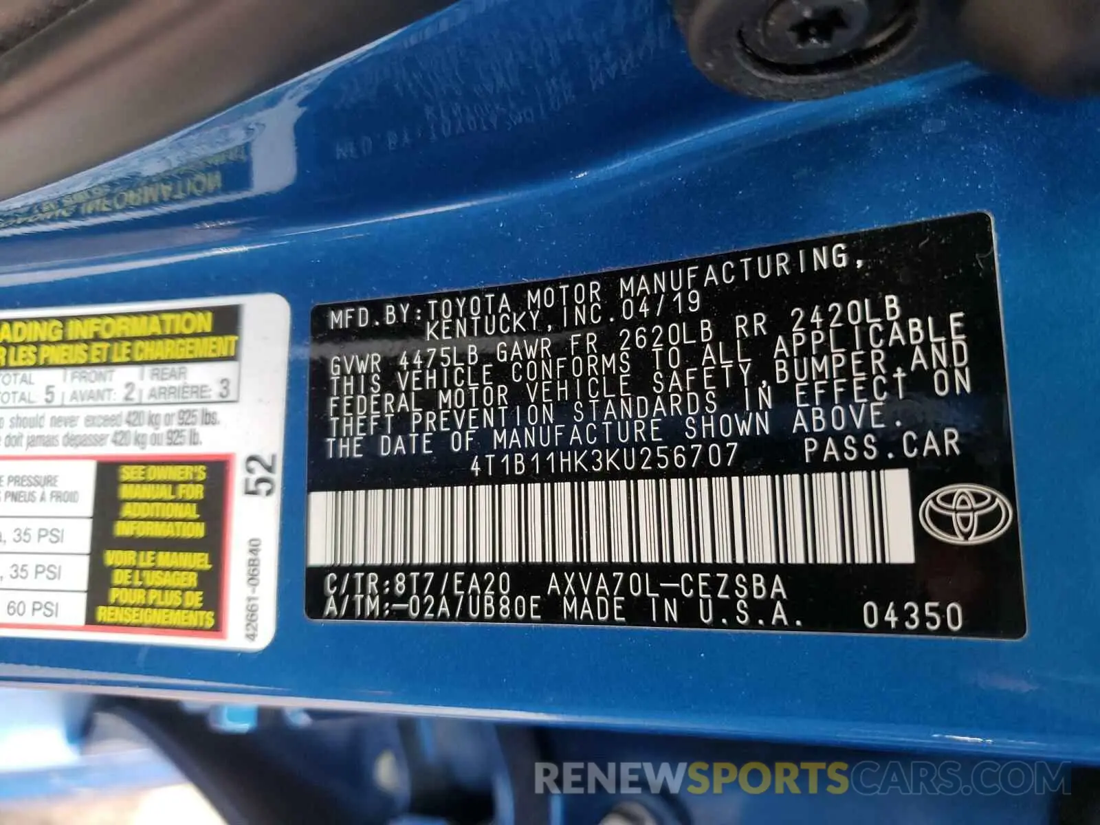 10 Photograph of a damaged car 4T1B11HK3KU256707 TOYOTA CAMRY 2019