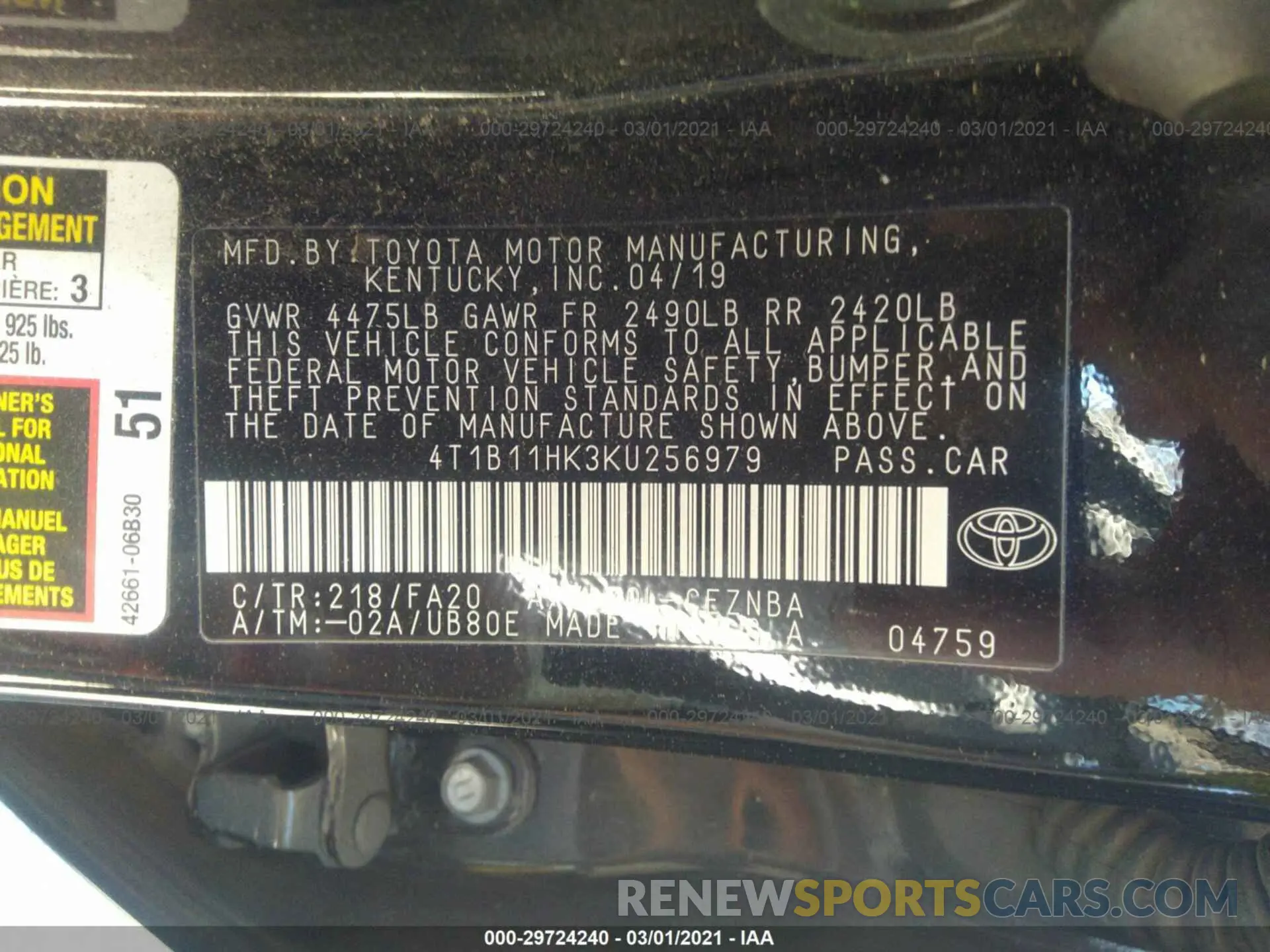 9 Photograph of a damaged car 4T1B11HK3KU256979 TOYOTA CAMRY 2019
