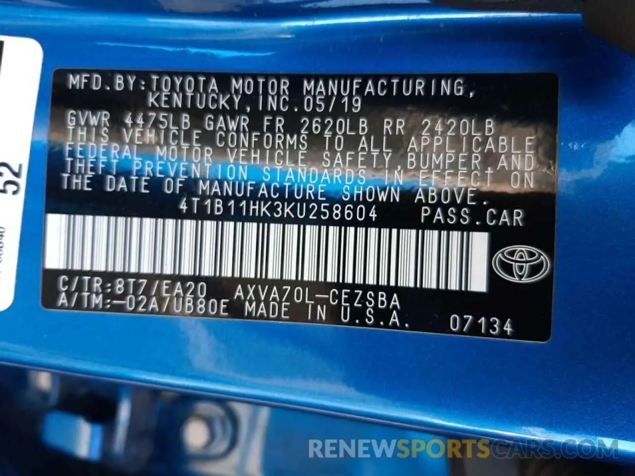 10 Photograph of a damaged car 4T1B11HK3KU258604 TOYOTA CAMRY 2019