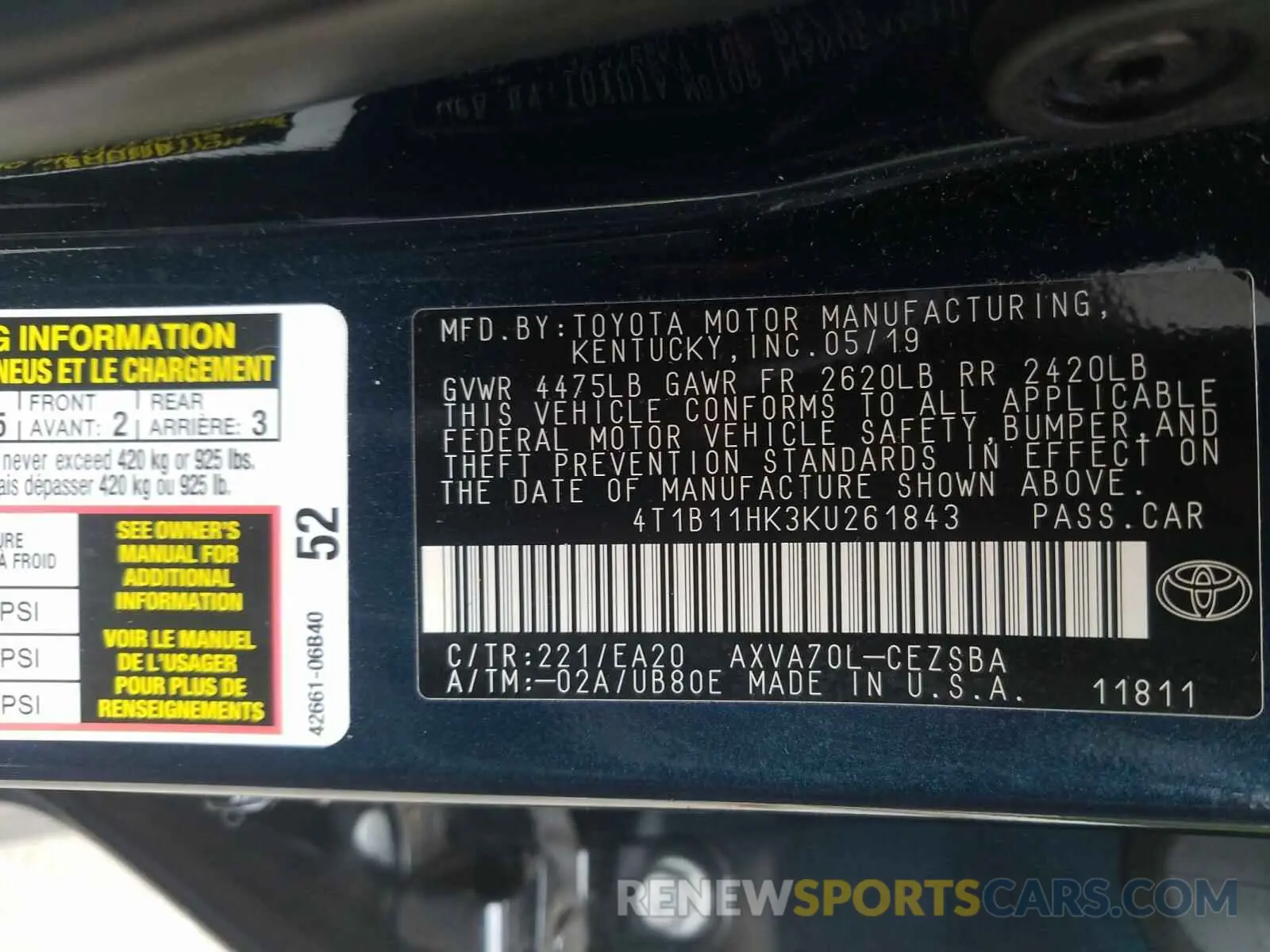10 Photograph of a damaged car 4T1B11HK3KU261843 TOYOTA CAMRY 2019