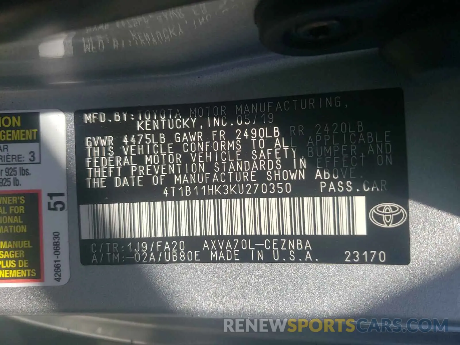 10 Photograph of a damaged car 4T1B11HK3KU270350 TOYOTA CAMRY 2019