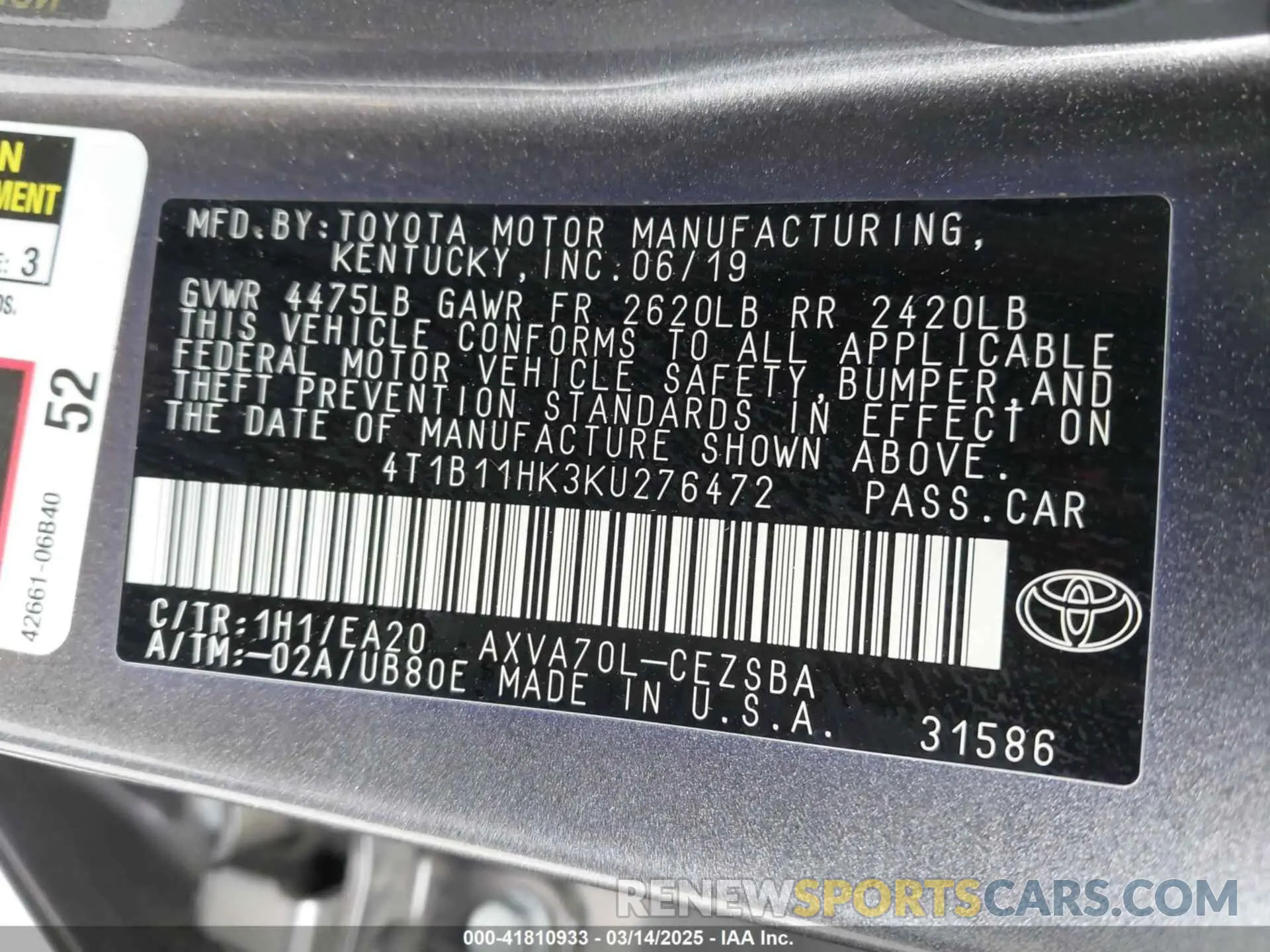 9 Фотография поврежденного автомобиля 4T1B11HK3KU276472 TOYOTA CAMRY 2019