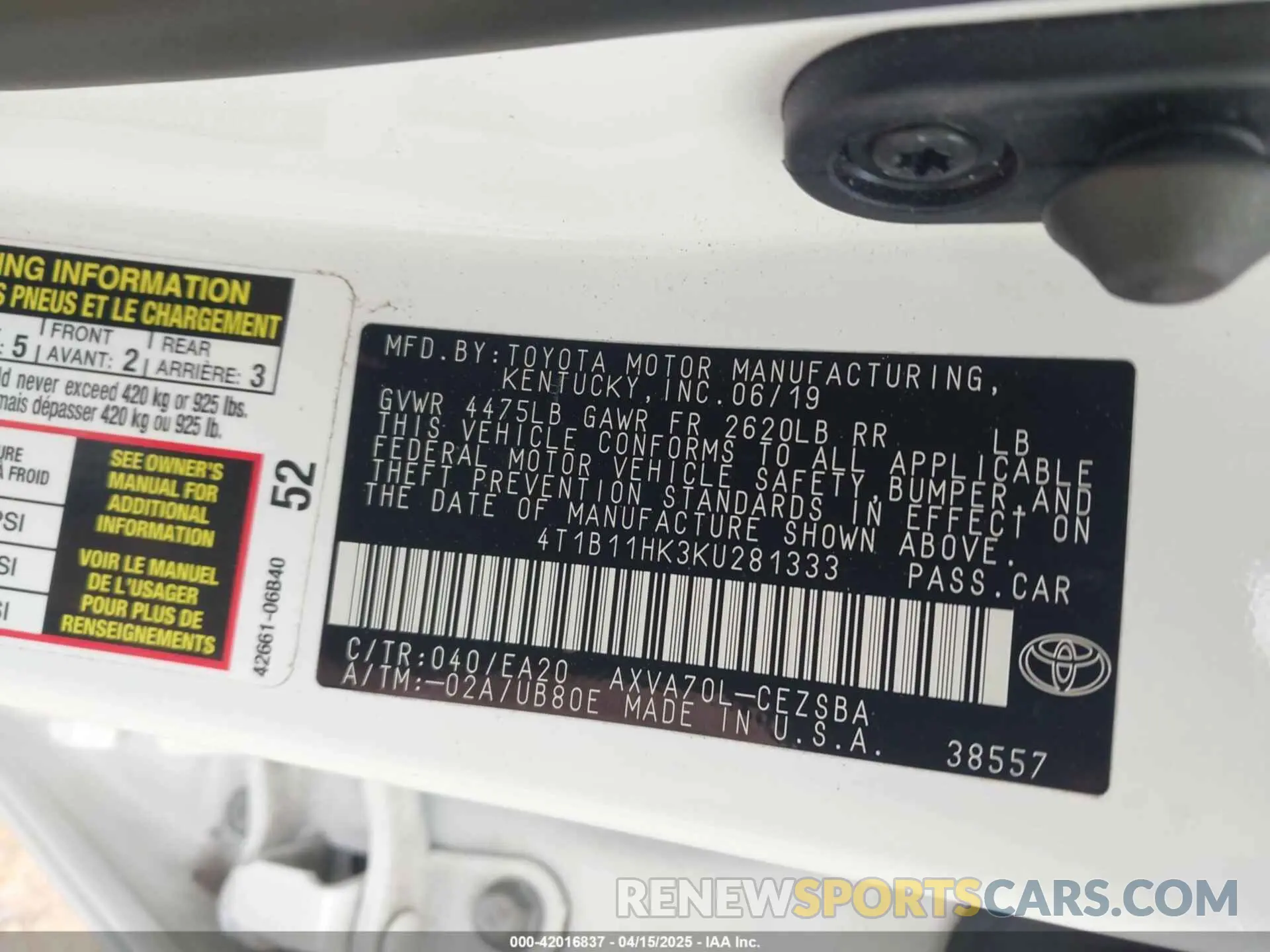 9 Photograph of a damaged car 4T1B11HK3KU281333 TOYOTA CAMRY 2019