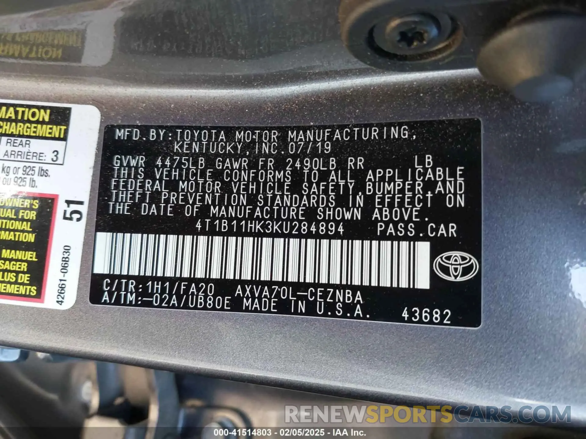 9 Photograph of a damaged car 4T1B11HK3KU284894 TOYOTA CAMRY 2019