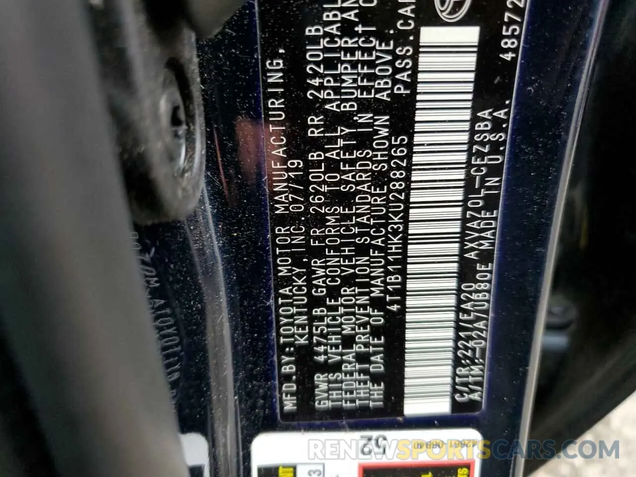 10 Photograph of a damaged car 4T1B11HK3KU288265 TOYOTA CAMRY 2019