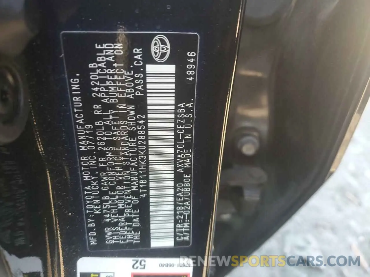 12 Фотография поврежденного автомобиля 4T1B11HK3KU288542 TOYOTA CAMRY 2019