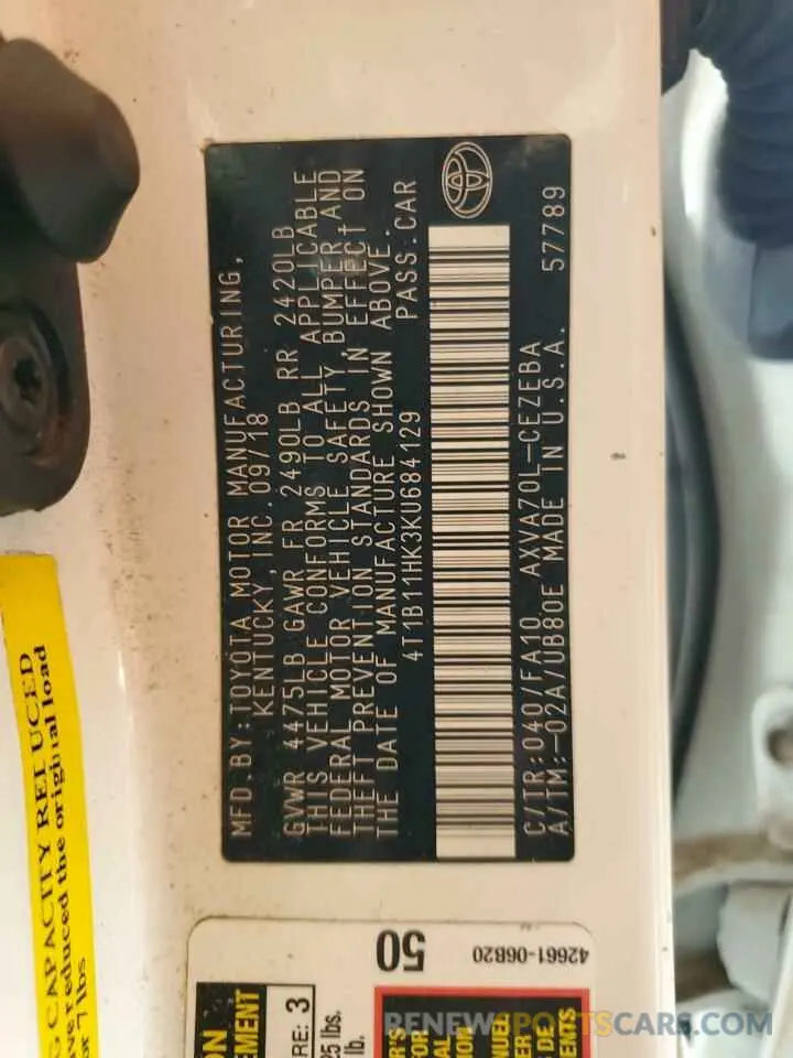 13 Фотография поврежденного автомобиля 4T1B11HK3KU684129 TOYOTA CAMRY 2019