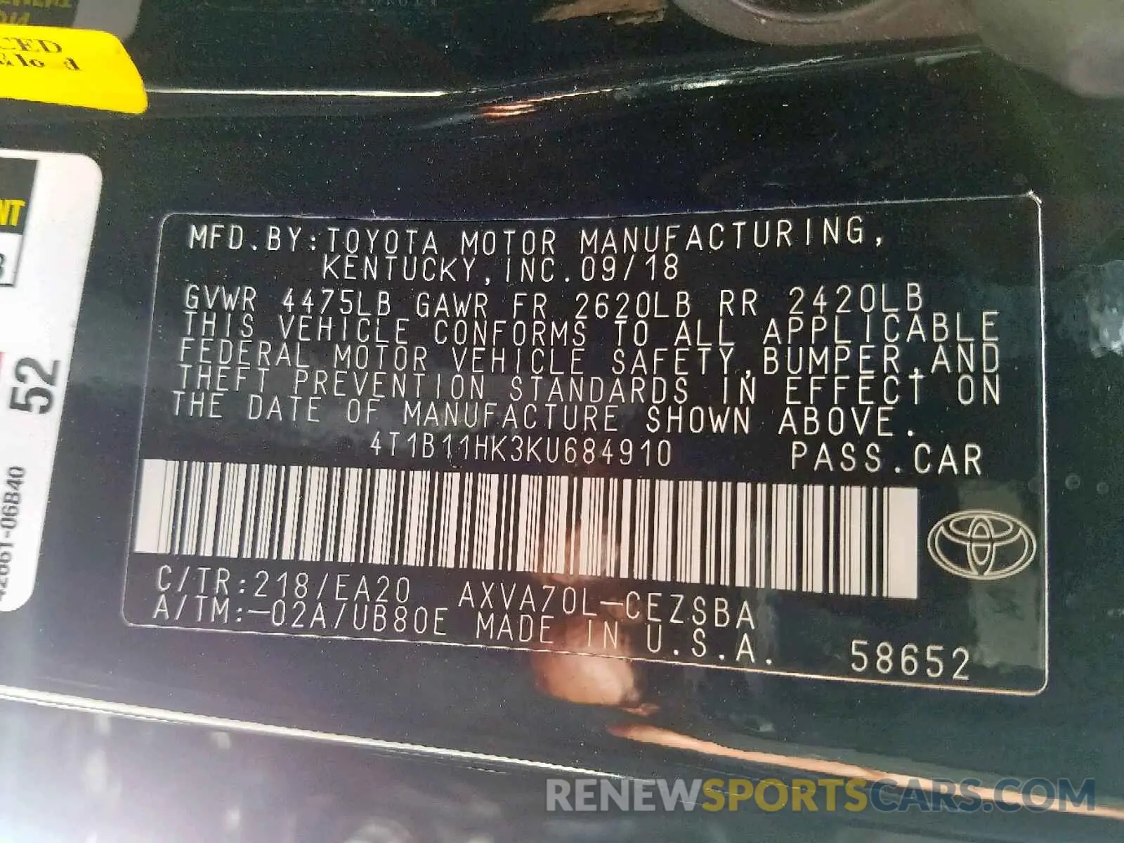 10 Photograph of a damaged car 4T1B11HK3KU684910 TOYOTA CAMRY 2019