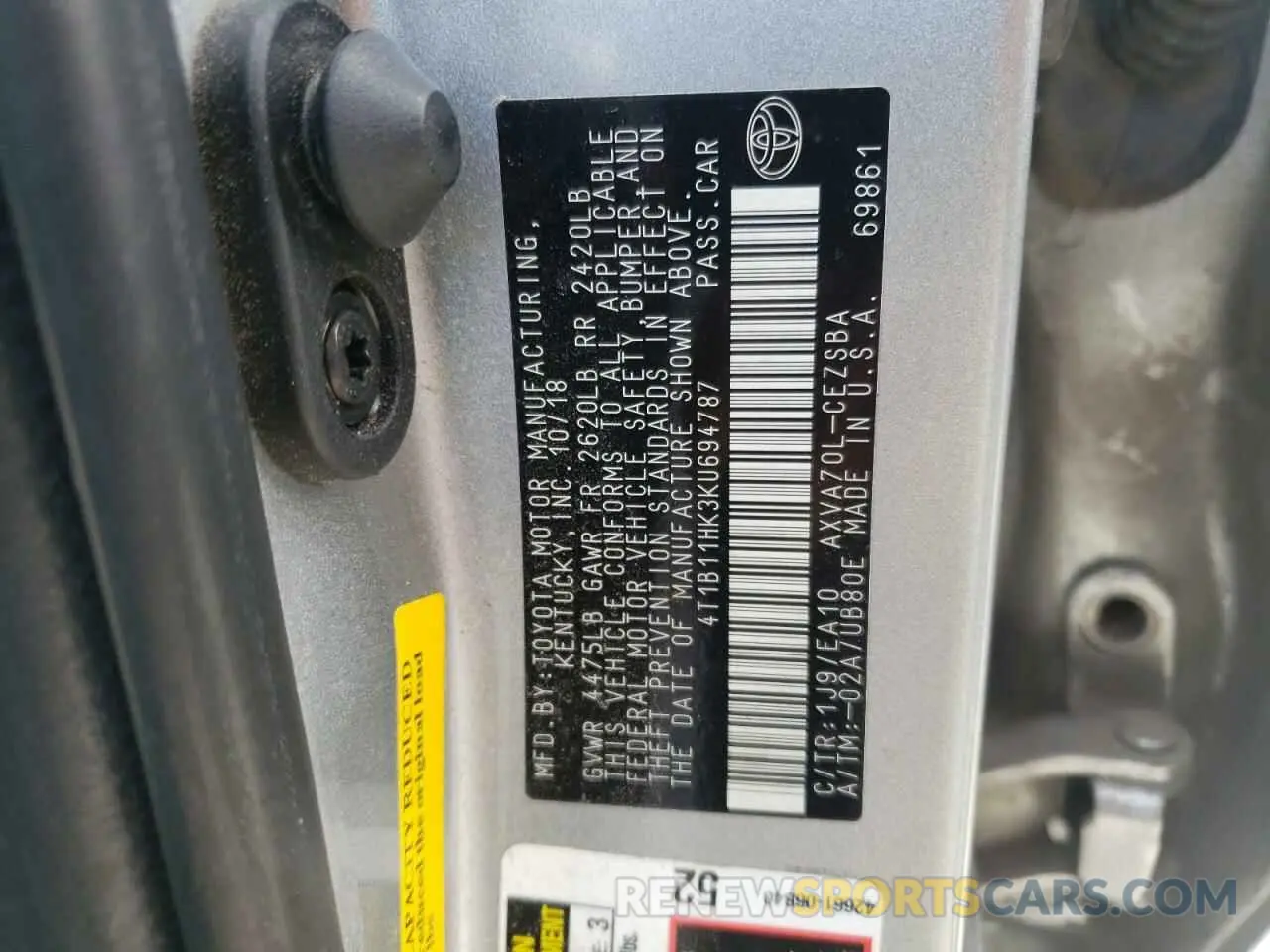 10 Photograph of a damaged car 4T1B11HK3KU694787 TOYOTA CAMRY 2019