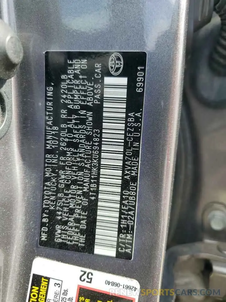 13 Фотография поврежденного автомобиля 4T1B11HK3KU694823 TOYOTA CAMRY 2019