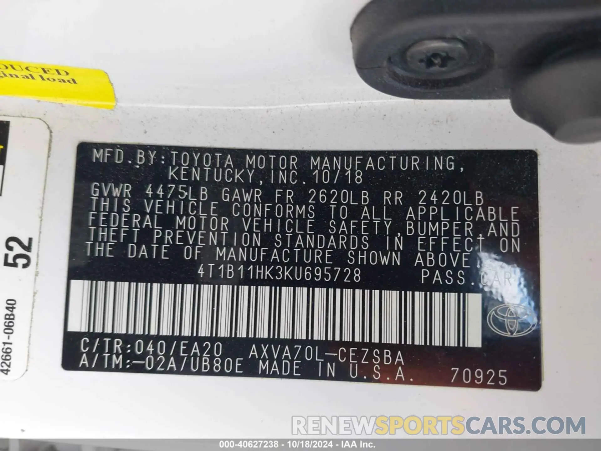 9 Photograph of a damaged car 4T1B11HK3KU695728 TOYOTA CAMRY 2019