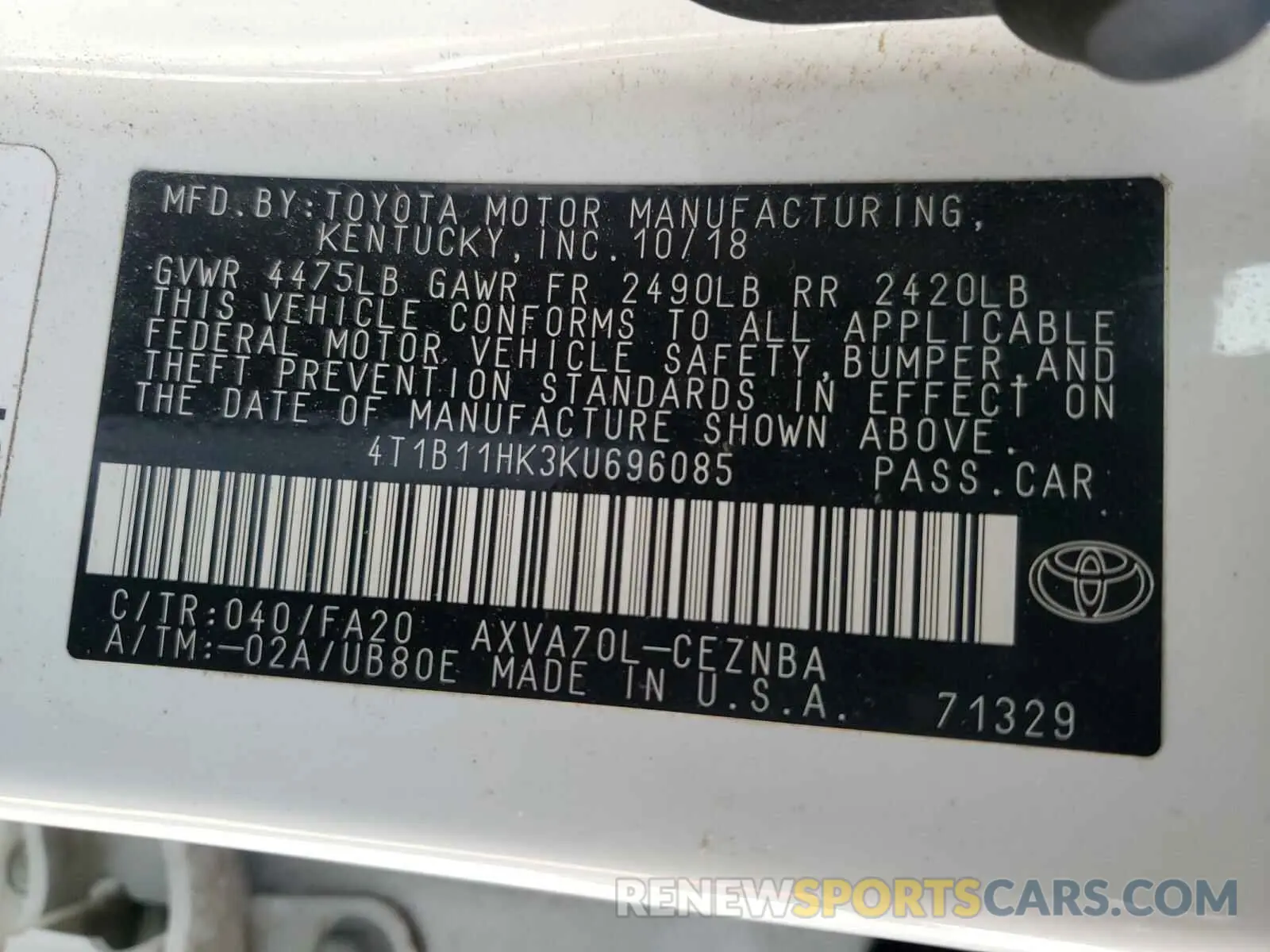 10 Photograph of a damaged car 4T1B11HK3KU696085 TOYOTA CAMRY 2019