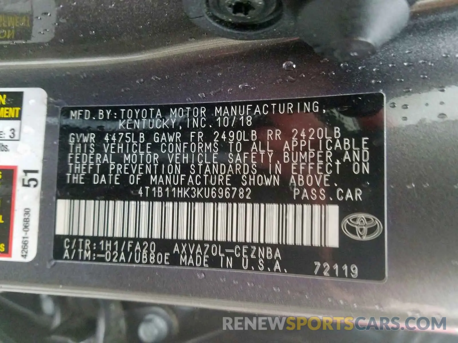 10 Photograph of a damaged car 4T1B11HK3KU696782 TOYOTA CAMRY 2019