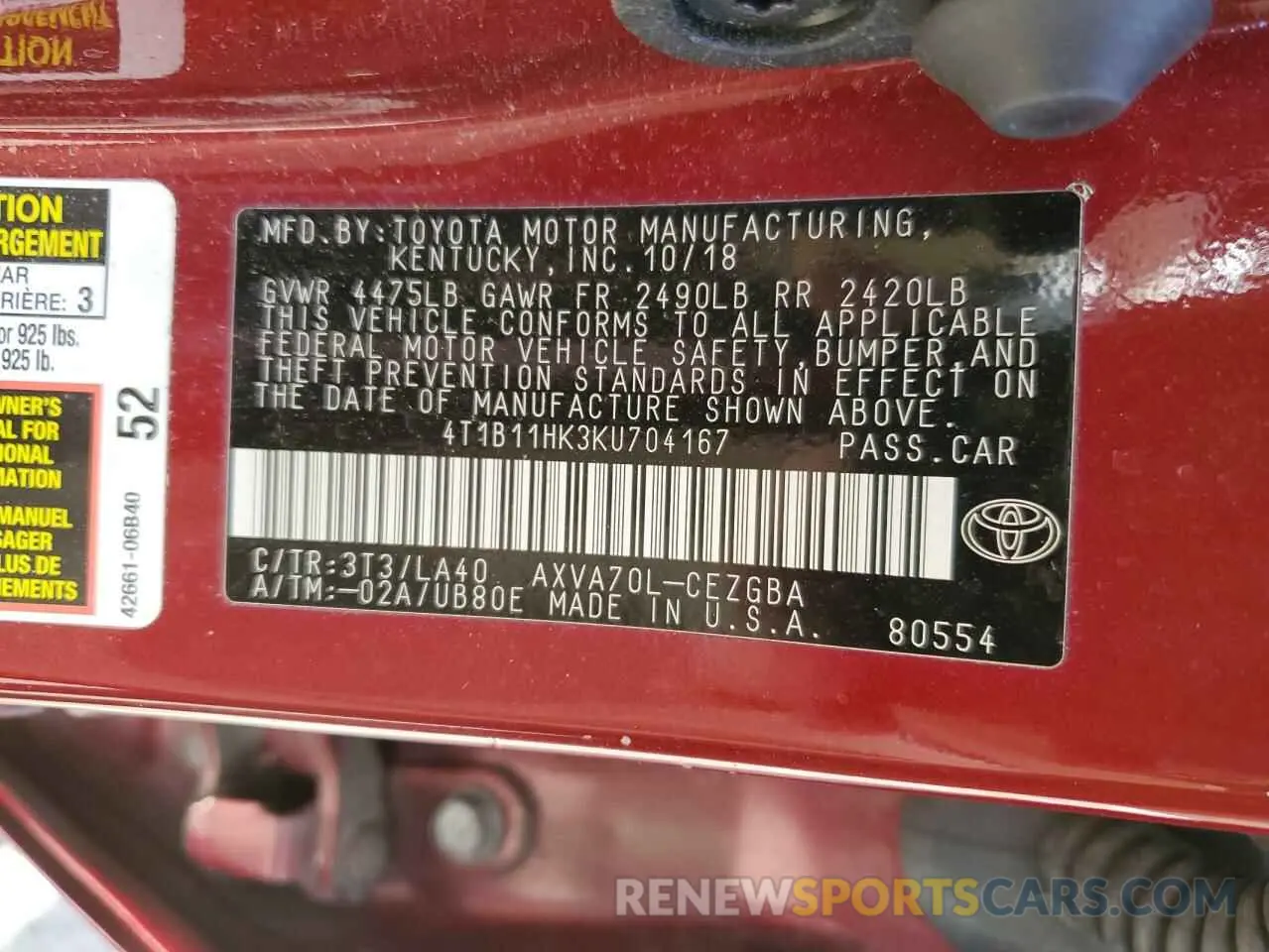 12 Photograph of a damaged car 4T1B11HK3KU704167 TOYOTA CAMRY 2019