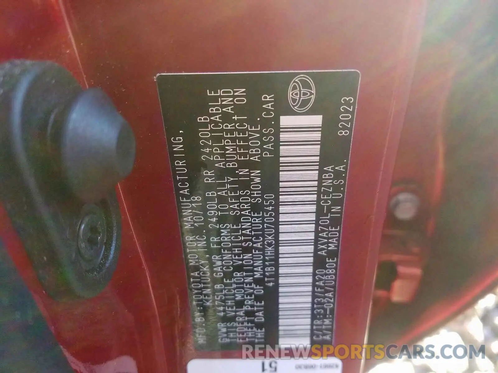 10 Photograph of a damaged car 4T1B11HK3KU705450 TOYOTA CAMRY 2019