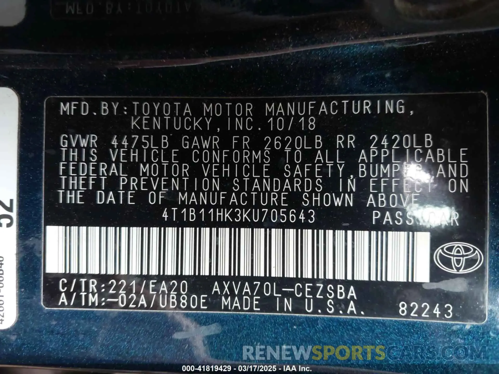 9 Photograph of a damaged car 4T1B11HK3KU705643 TOYOTA CAMRY 2019