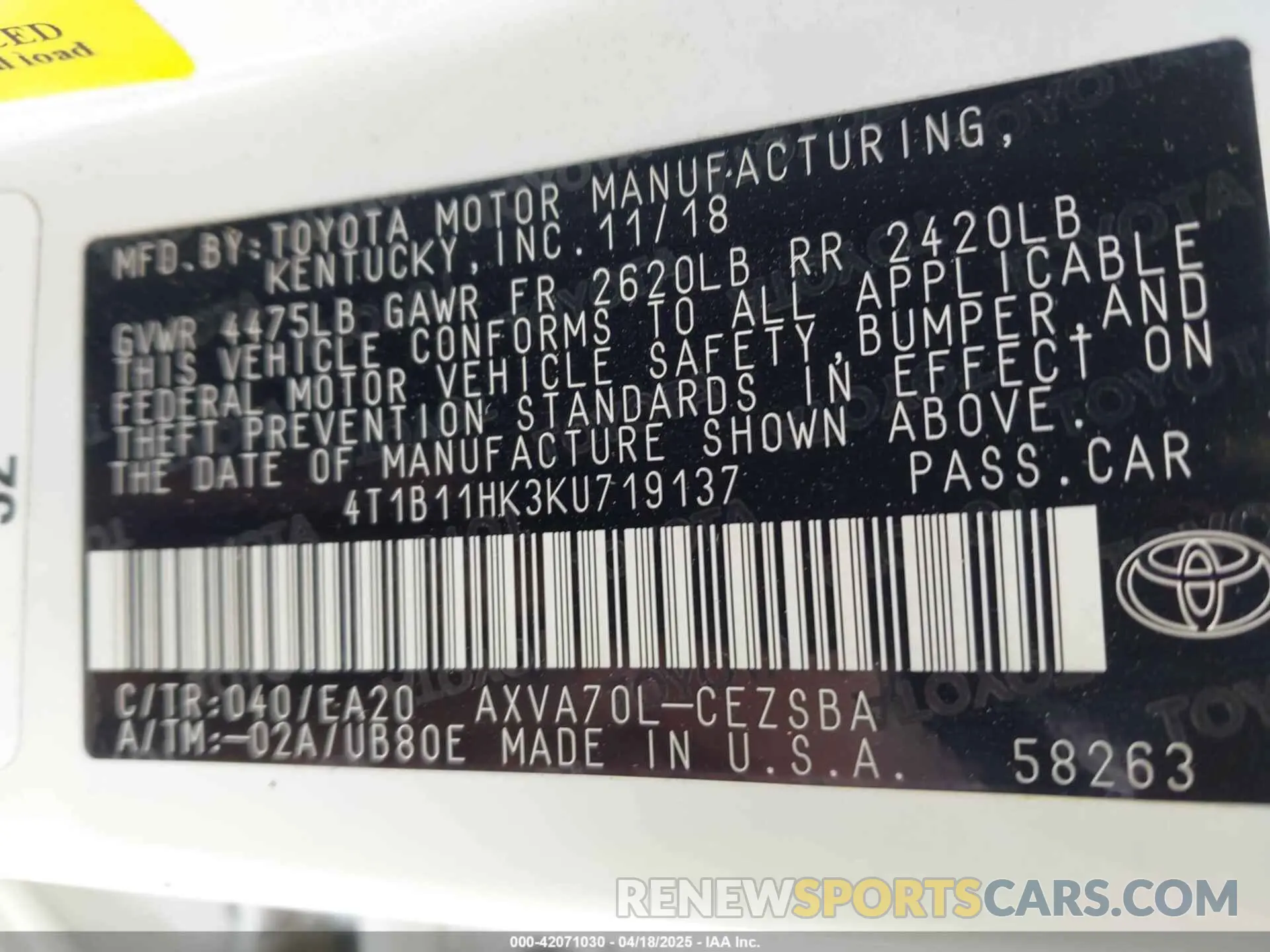 9 Photograph of a damaged car 4T1B11HK3KU719137 TOYOTA CAMRY 2019