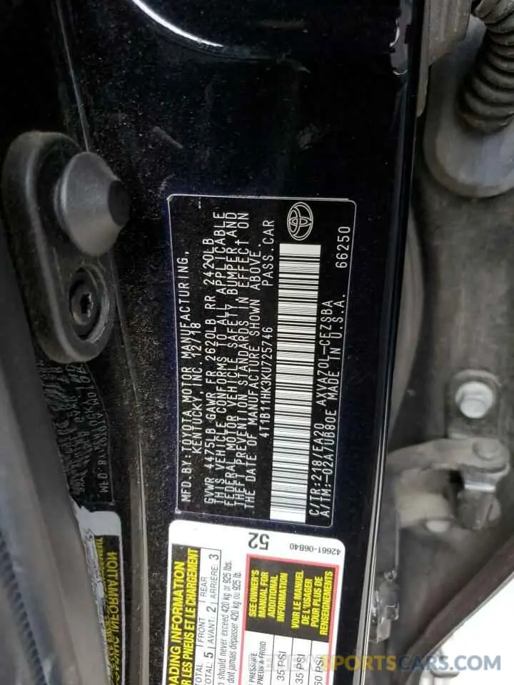 12 Photograph of a damaged car 4T1B11HK3KU725746 TOYOTA CAMRY 2019