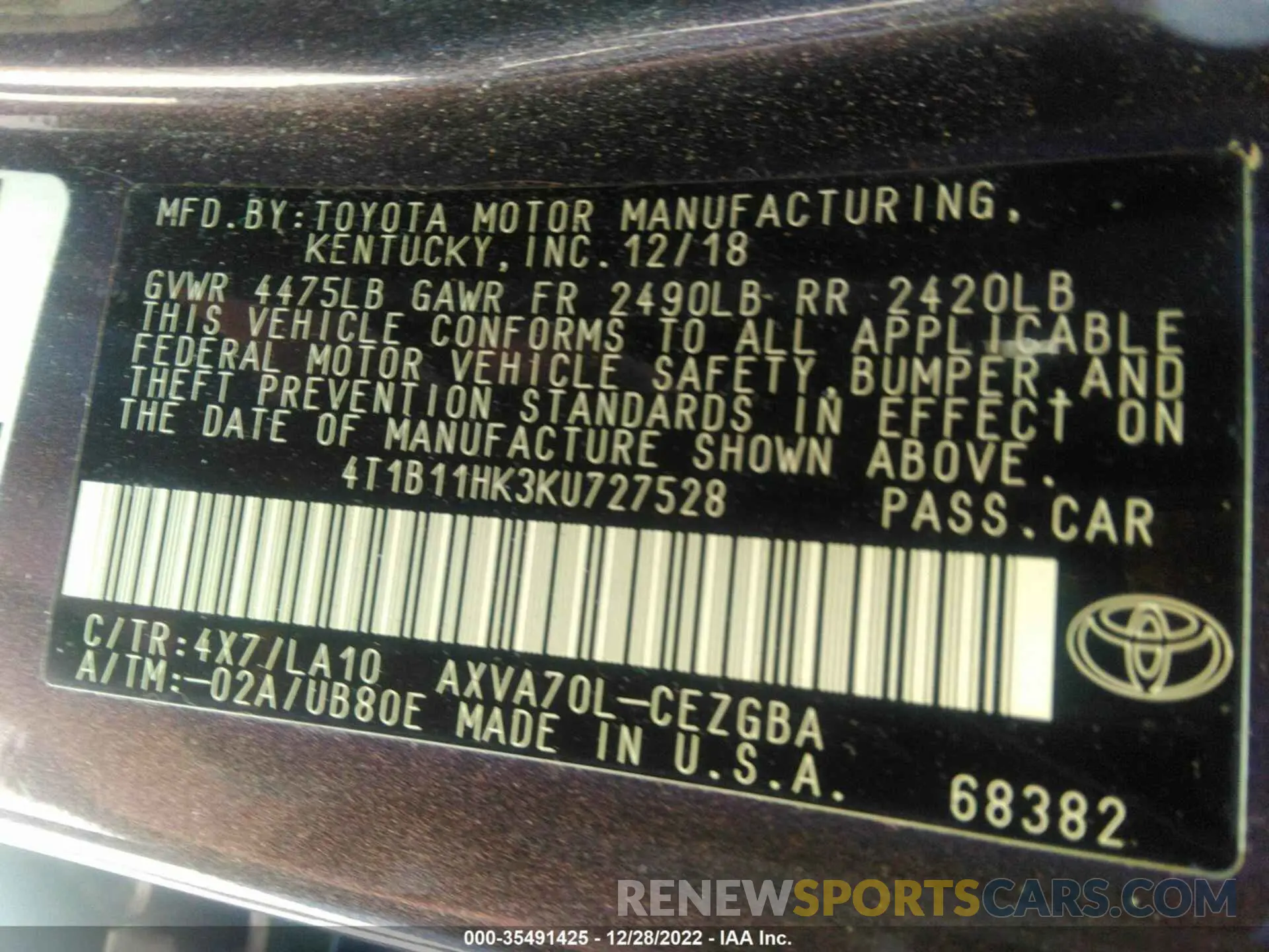 9 Photograph of a damaged car 4T1B11HK3KU727528 TOYOTA CAMRY 2019
