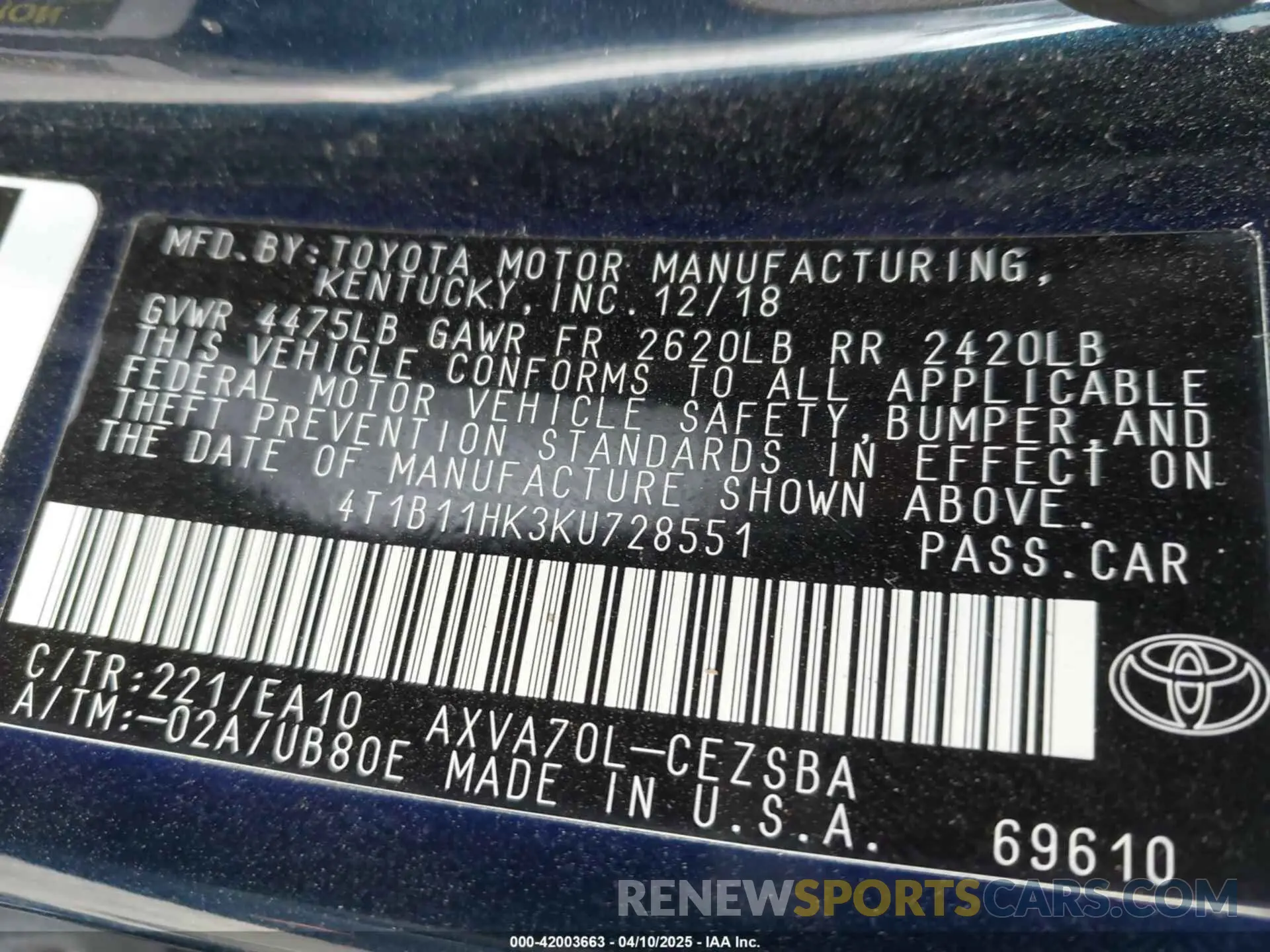 9 Фотография поврежденного автомобиля 4T1B11HK3KU728551 TOYOTA CAMRY 2019