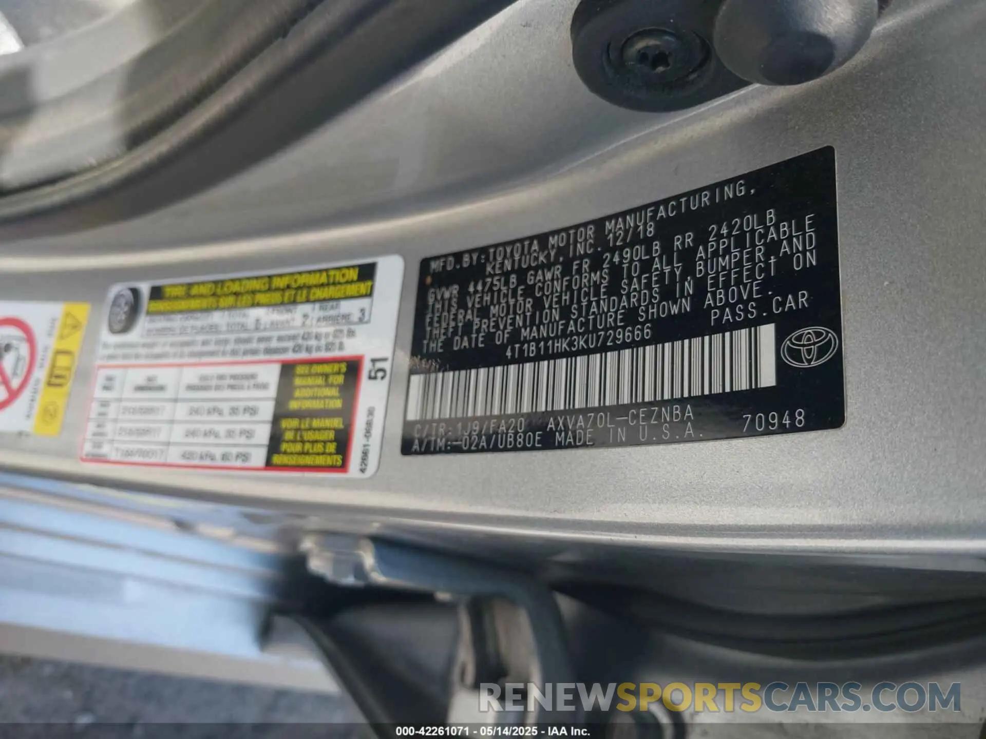 9 Photograph of a damaged car 4T1B11HK3KU729666 TOYOTA CAMRY 2019