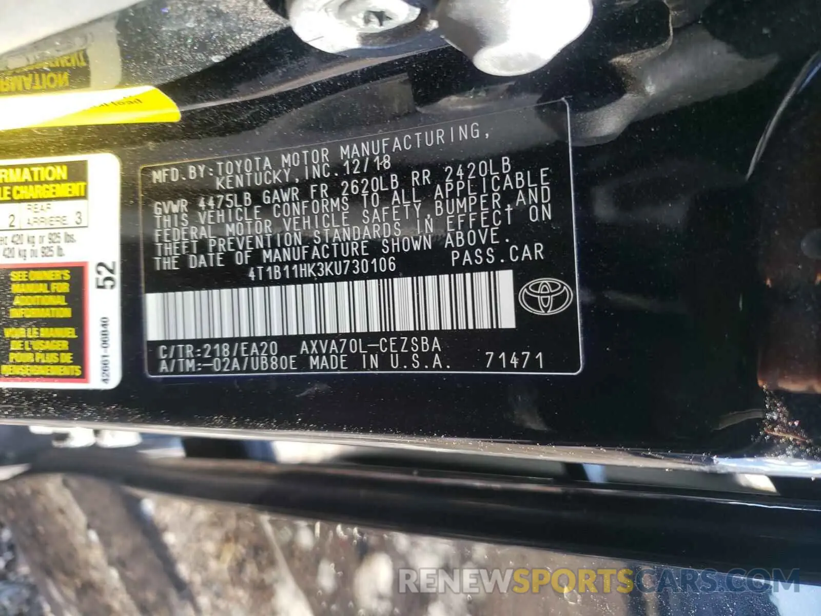 10 Photograph of a damaged car 4T1B11HK3KU730106 TOYOTA CAMRY 2019