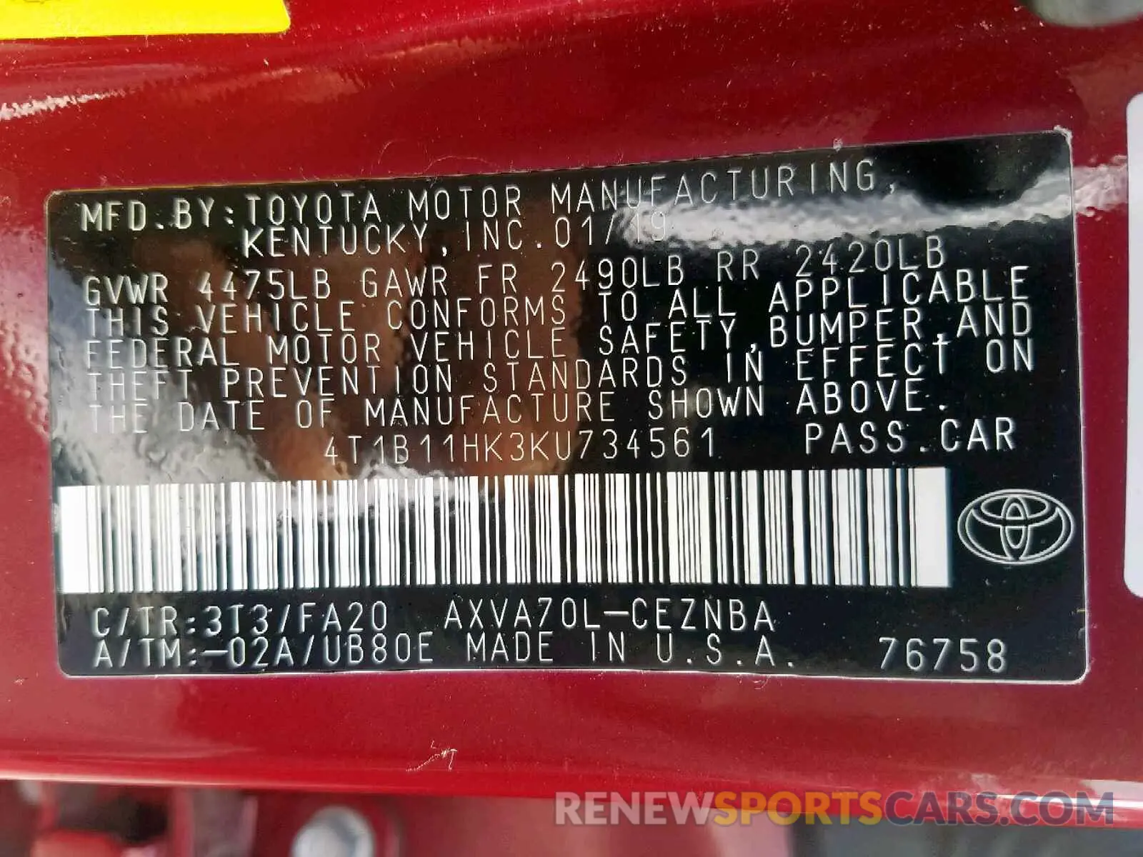 10 Photograph of a damaged car 4T1B11HK3KU734561 TOYOTA CAMRY 2019