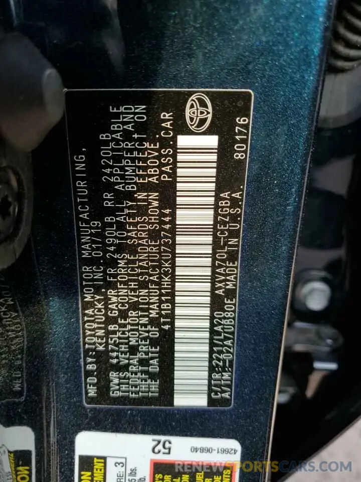 10 Photograph of a damaged car 4T1B11HK3KU737444 TOYOTA CAMRY 2019