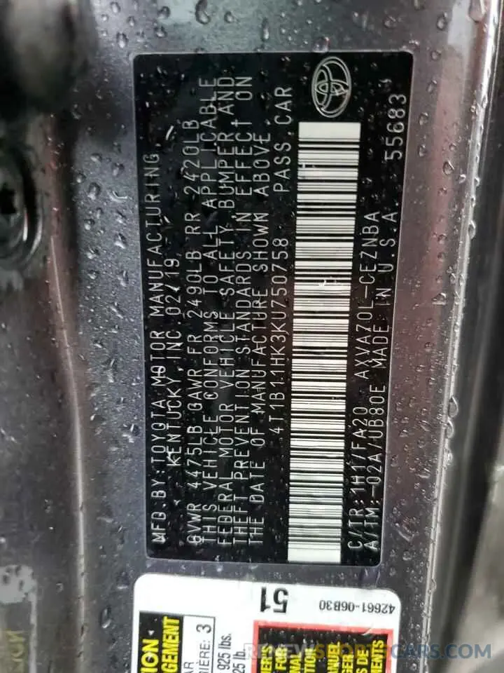 12 Photograph of a damaged car 4T1B11HK3KU750758 TOYOTA CAMRY 2019