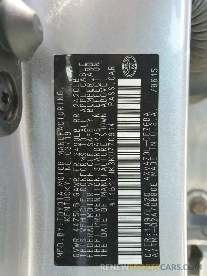13 Фотография поврежденного автомобиля 4T1B11HK3KU770914 TOYOTA CAMRY 2019