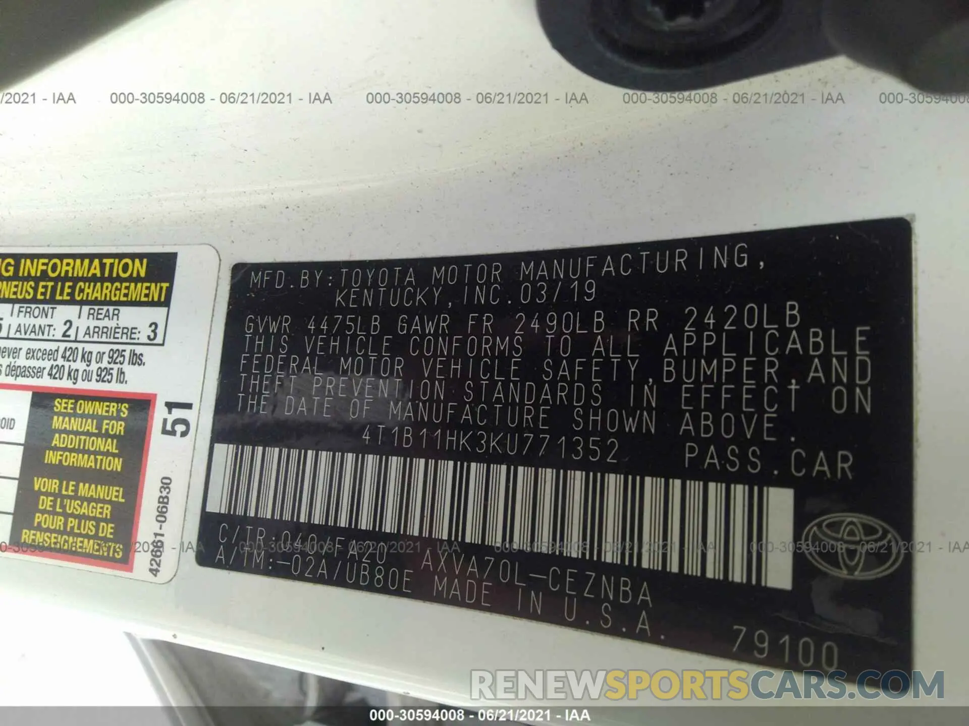 9 Photograph of a damaged car 4T1B11HK3KU771352 TOYOTA CAMRY 2019