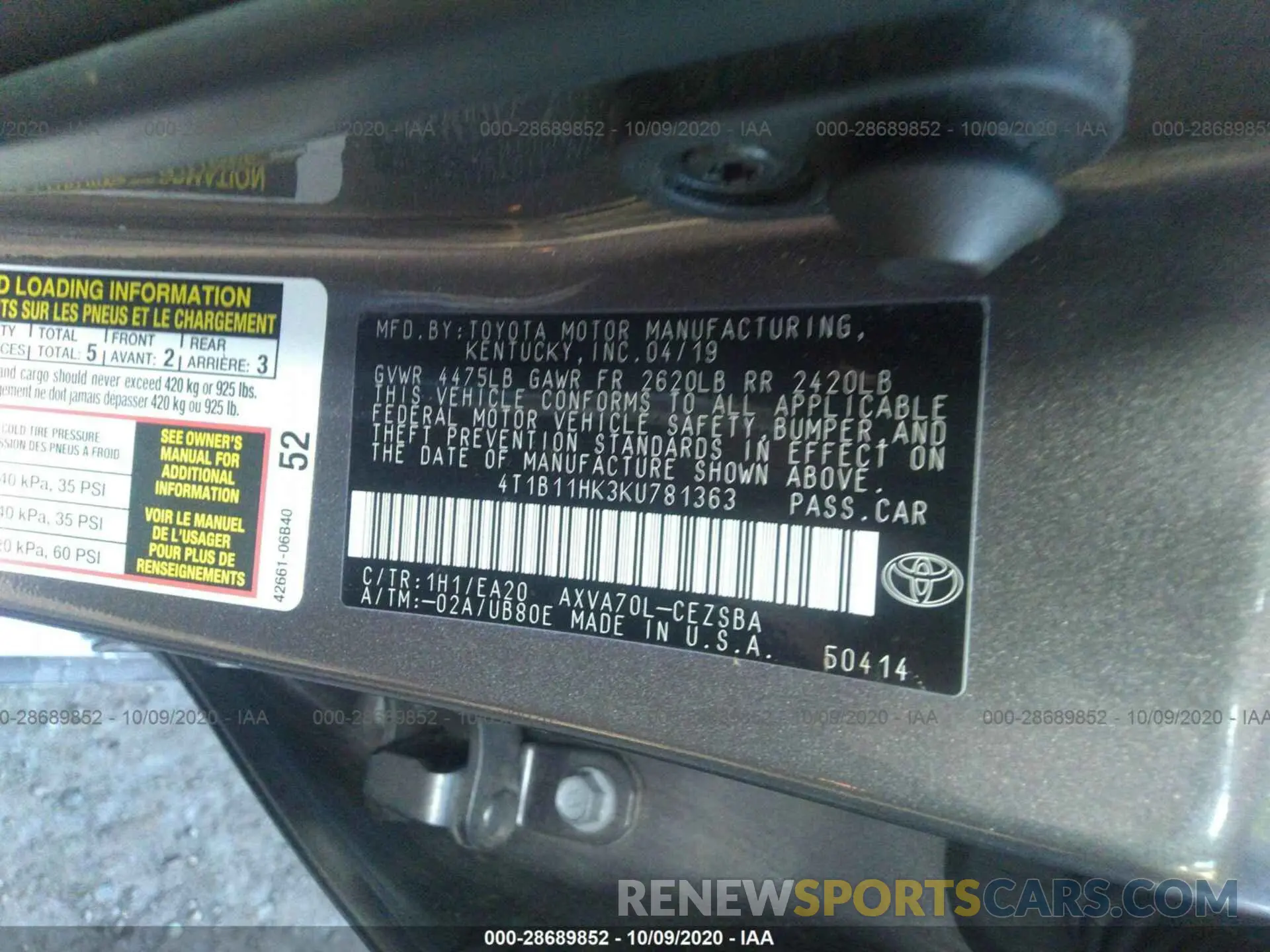 9 Photograph of a damaged car 4T1B11HK3KU781363 TOYOTA CAMRY 2019