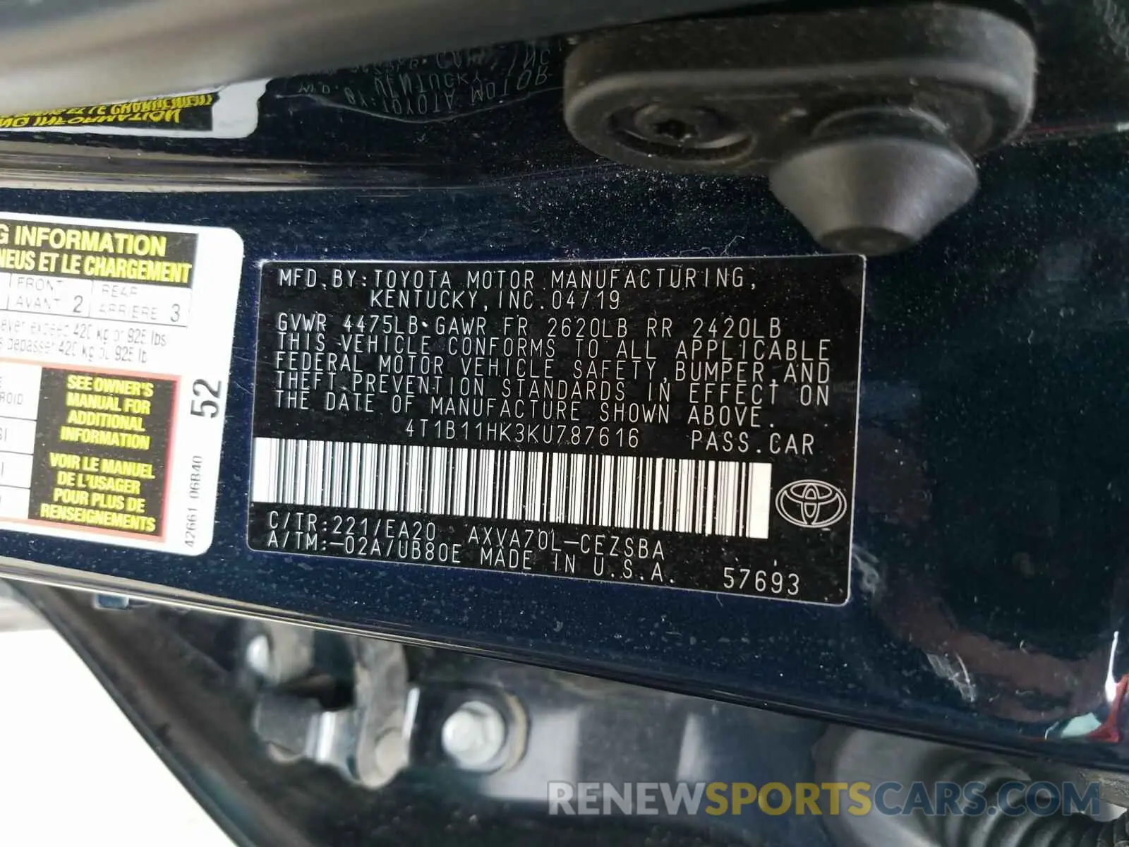 10 Photograph of a damaged car 4T1B11HK3KU787616 TOYOTA CAMRY 2019