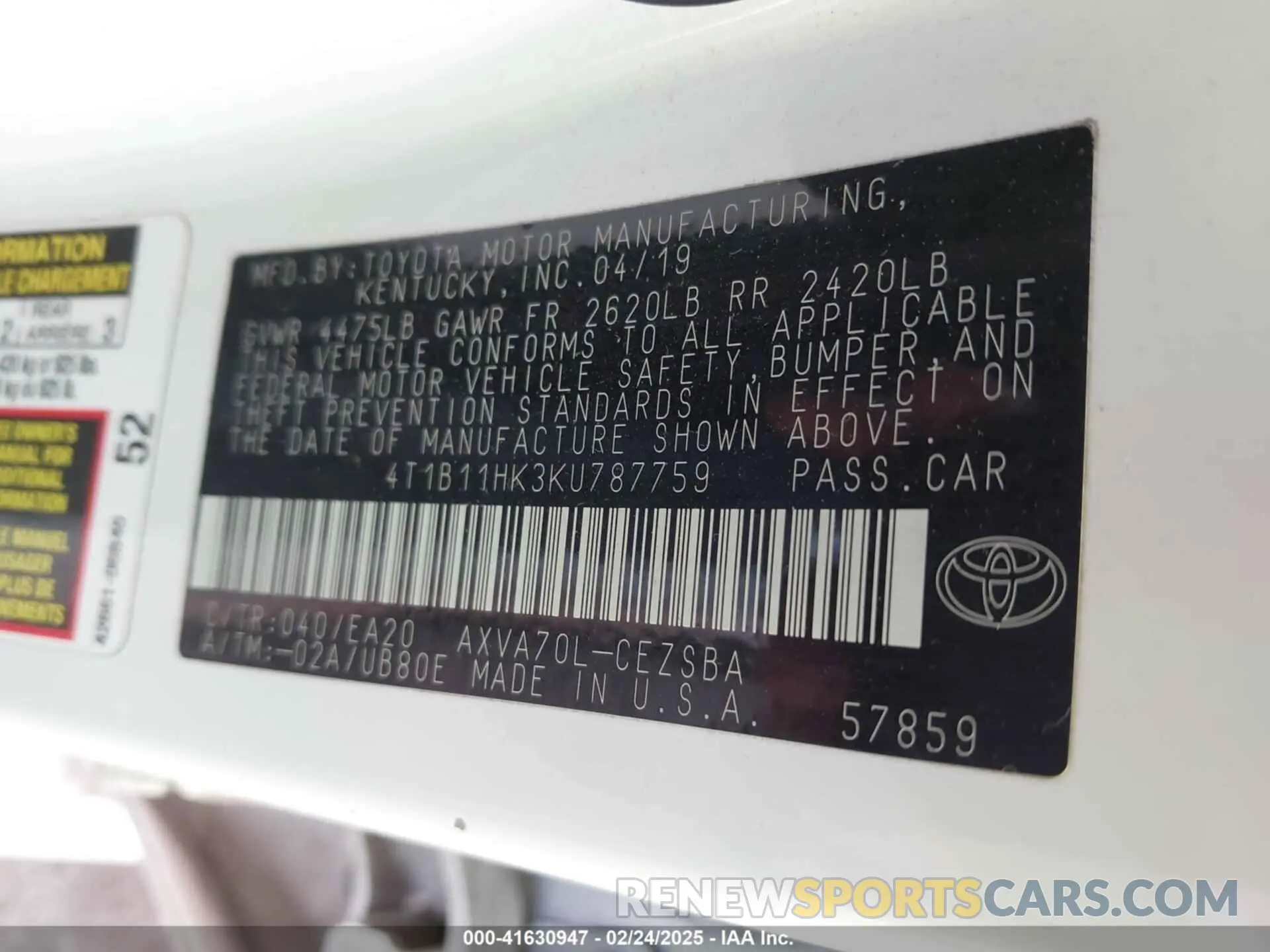 9 Photograph of a damaged car 4T1B11HK3KU787759 TOYOTA CAMRY 2019