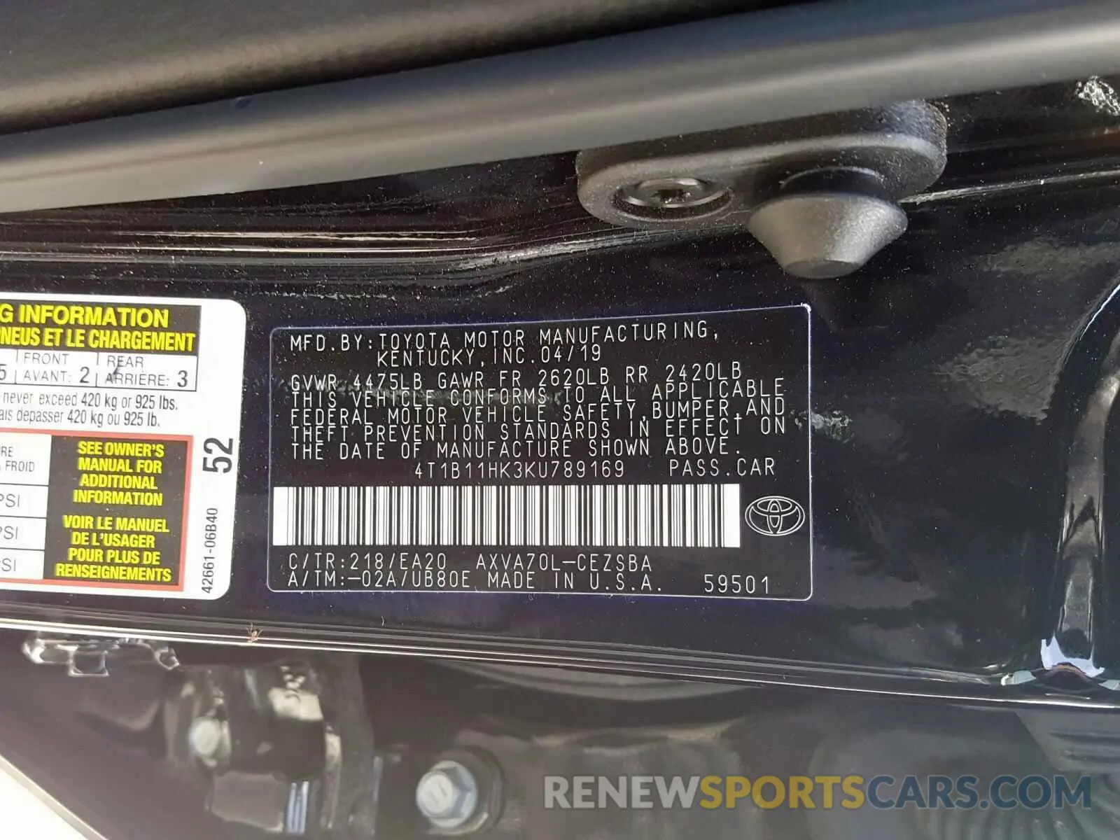 10 Photograph of a damaged car 4T1B11HK3KU789169 TOYOTA CAMRY 2019