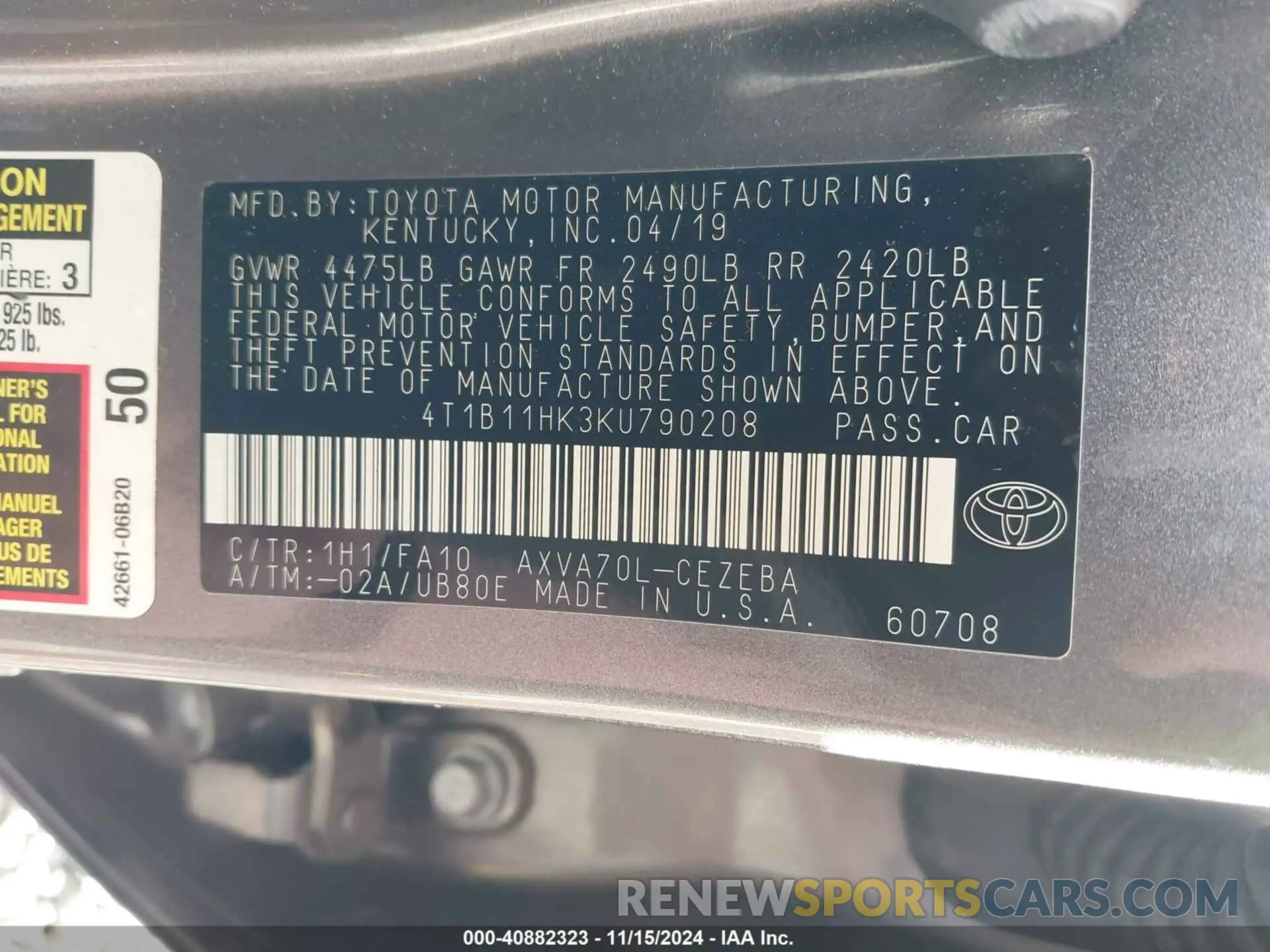 9 Photograph of a damaged car 4T1B11HK3KU790208 TOYOTA CAMRY 2019