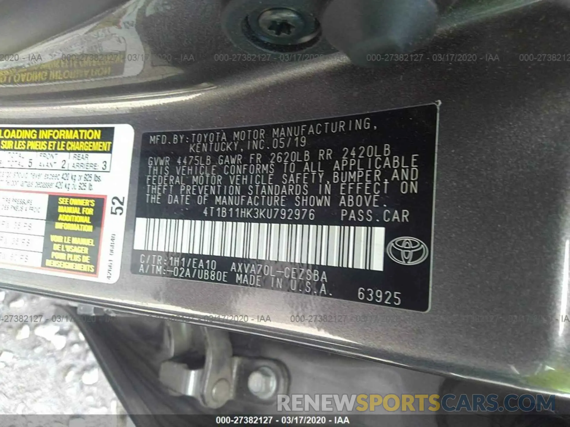 9 Photograph of a damaged car 4T1B11HK3KU792976 TOYOTA CAMRY 2019
