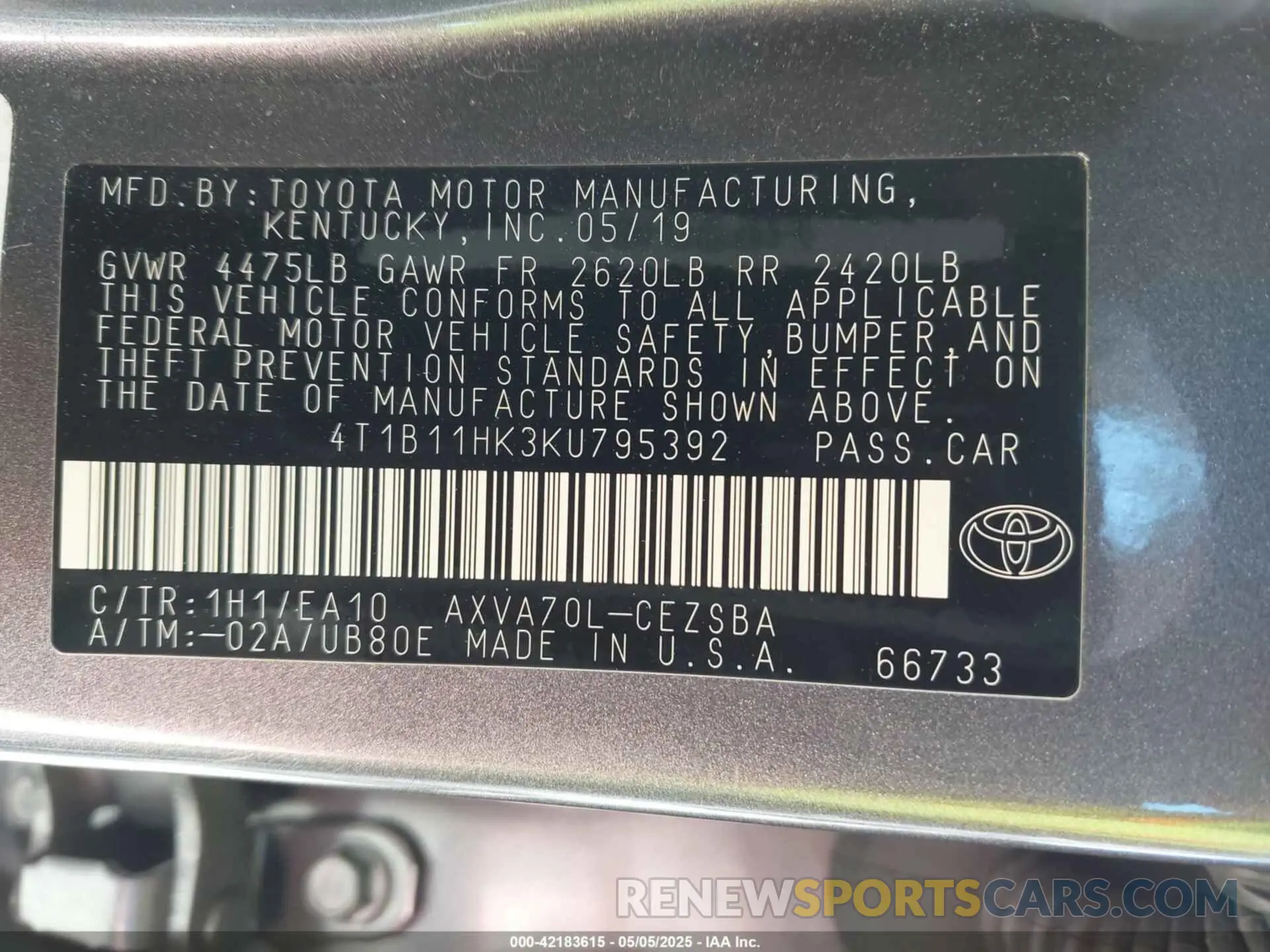 9 Photograph of a damaged car 4T1B11HK3KU795392 TOYOTA CAMRY 2019