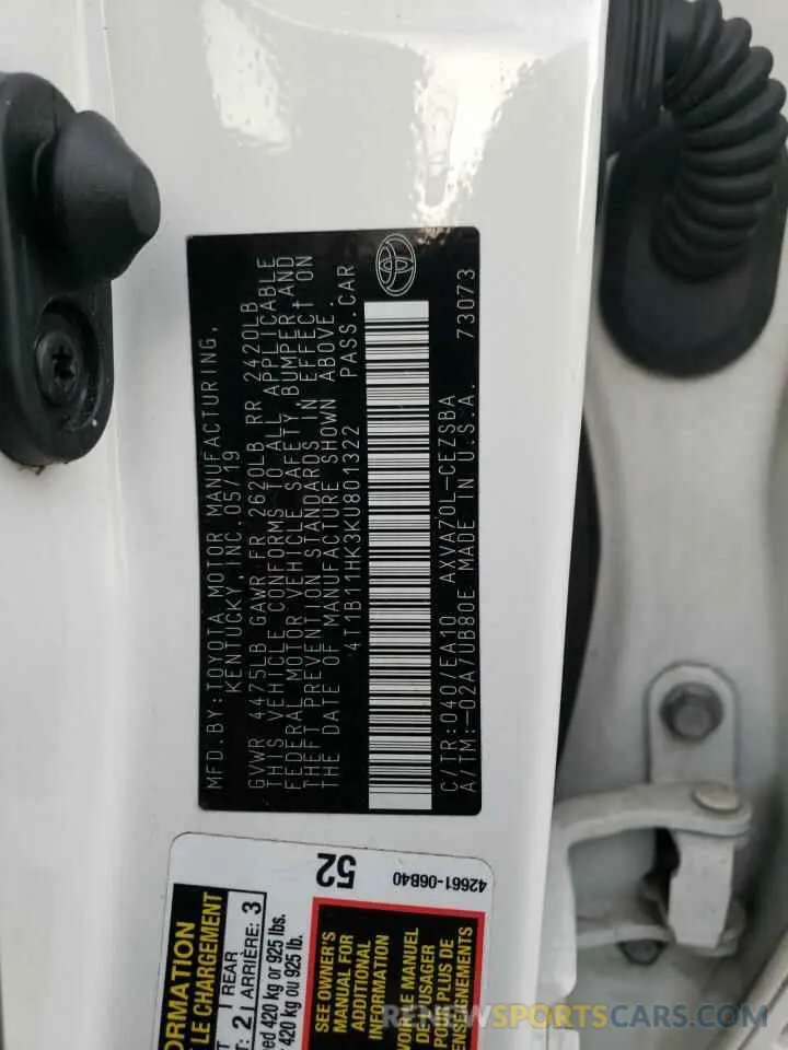 10 Фотография поврежденного автомобиля 4T1B11HK3KU801322 TOYOTA CAMRY 2019