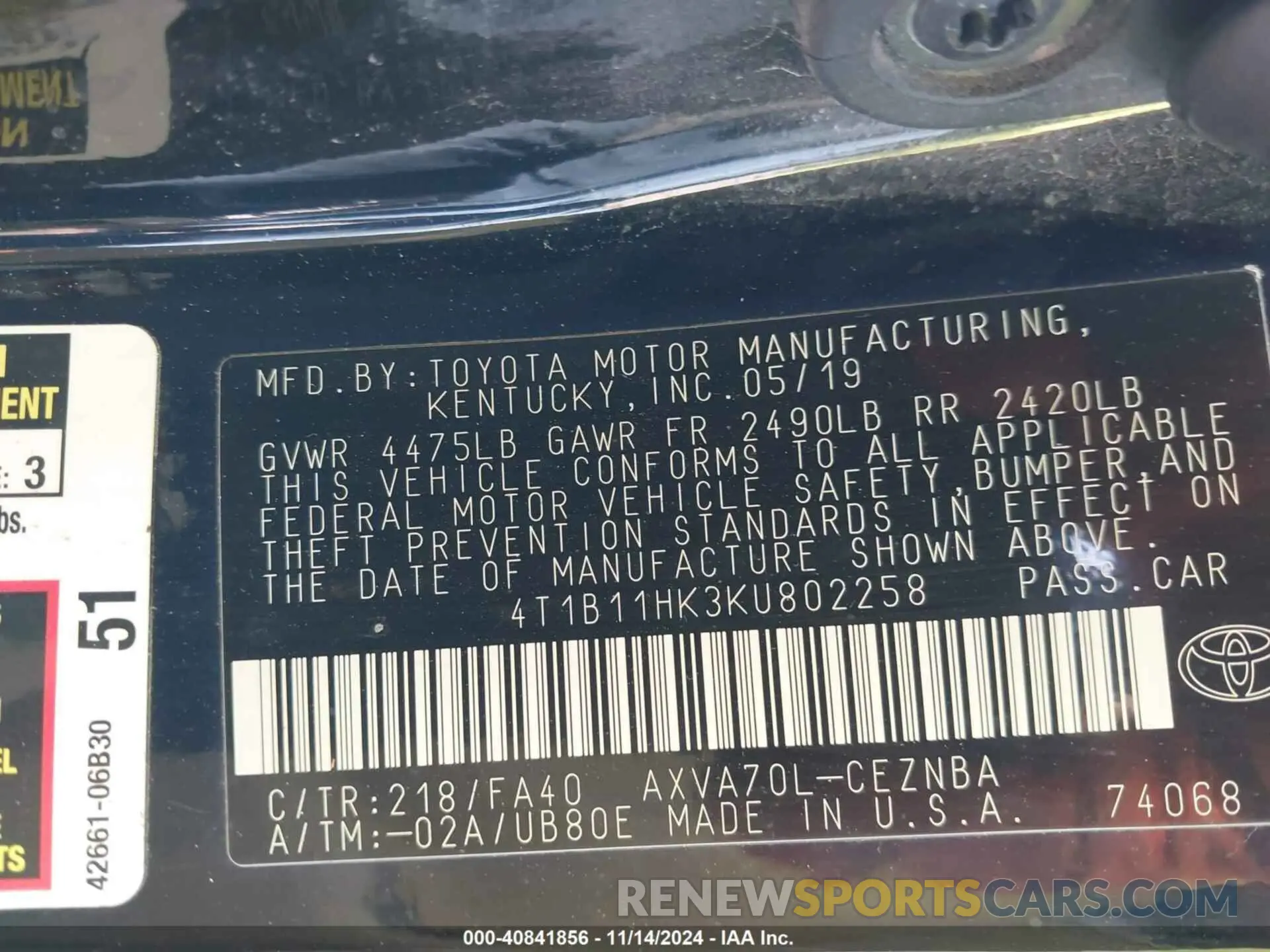 9 Фотография поврежденного автомобиля 4T1B11HK3KU802258 TOYOTA CAMRY 2019