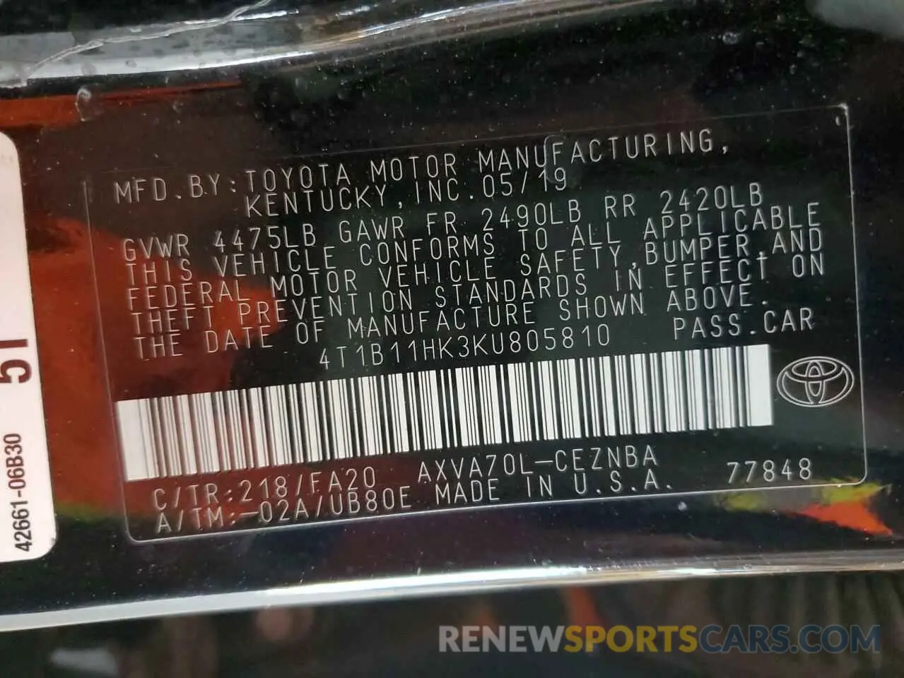 12 Photograph of a damaged car 4T1B11HK3KU805810 TOYOTA CAMRY 2019